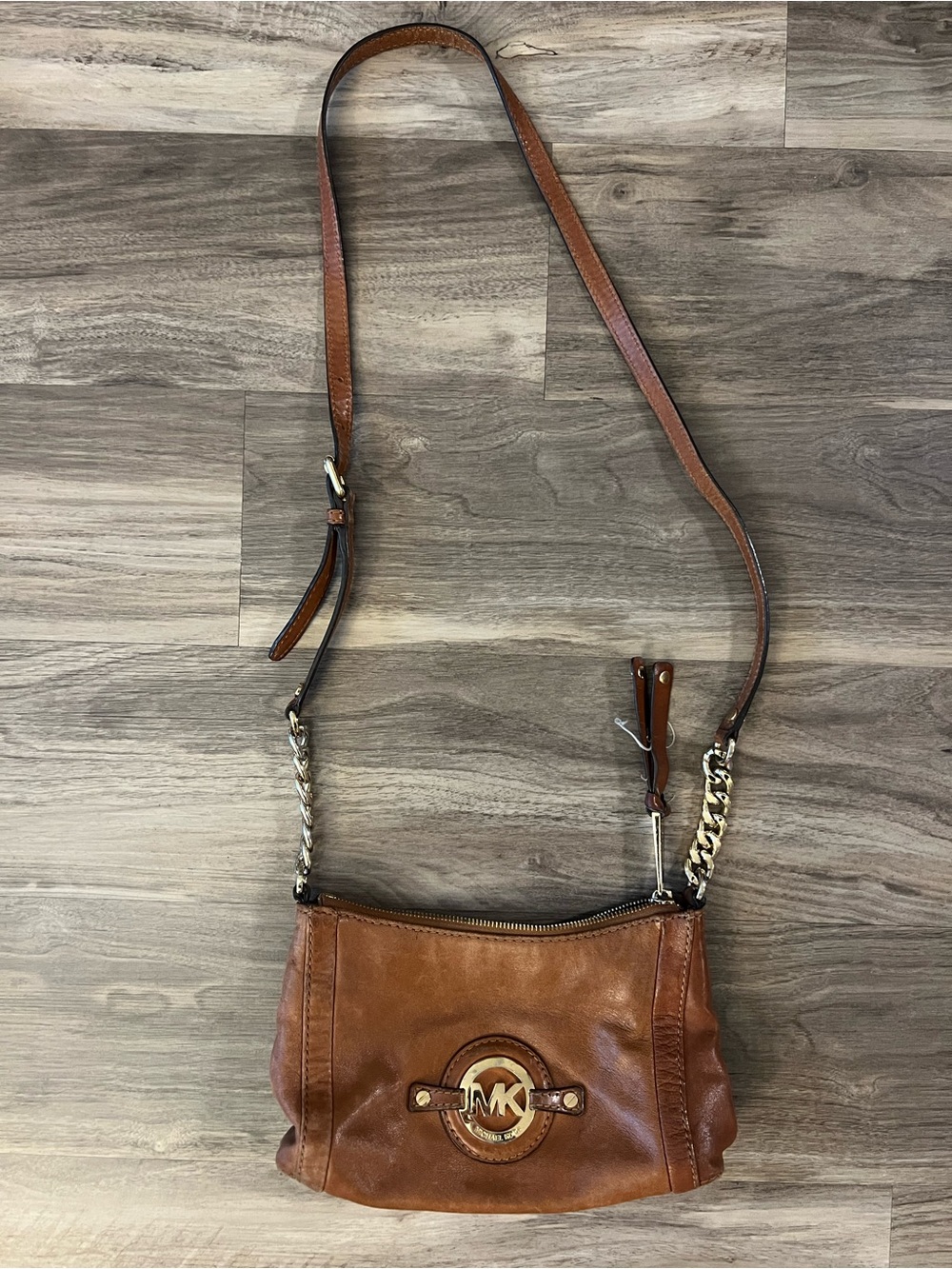 Michael Kors Tan Leather Crossbody Bag with Gold-Tone MK Medallion